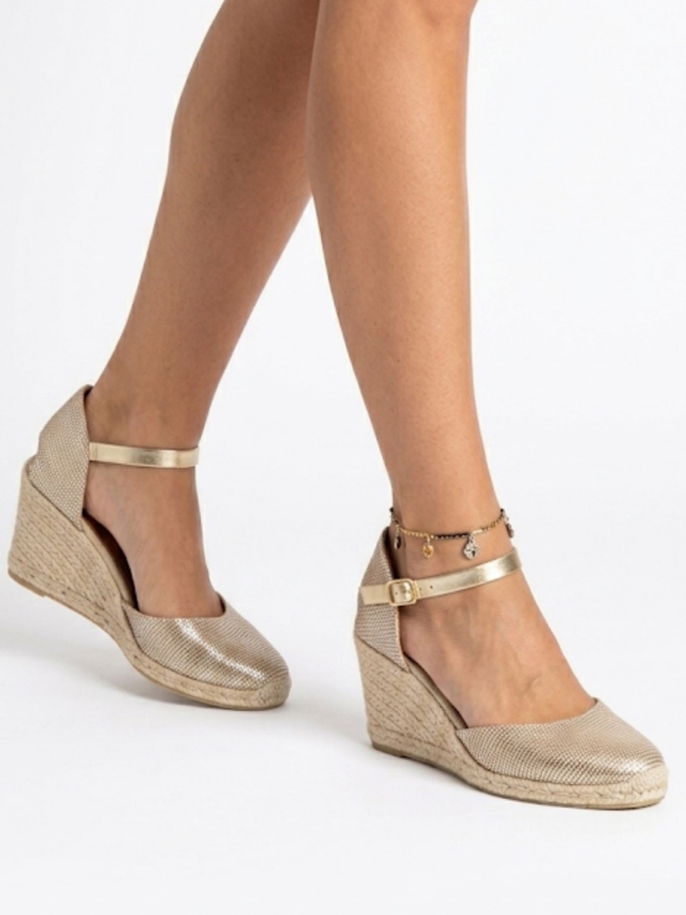 Kanna Tan & Gold Tweed Wedge Heels Espadrille Sandals Sz 7 EU 37 Made in Spain
O